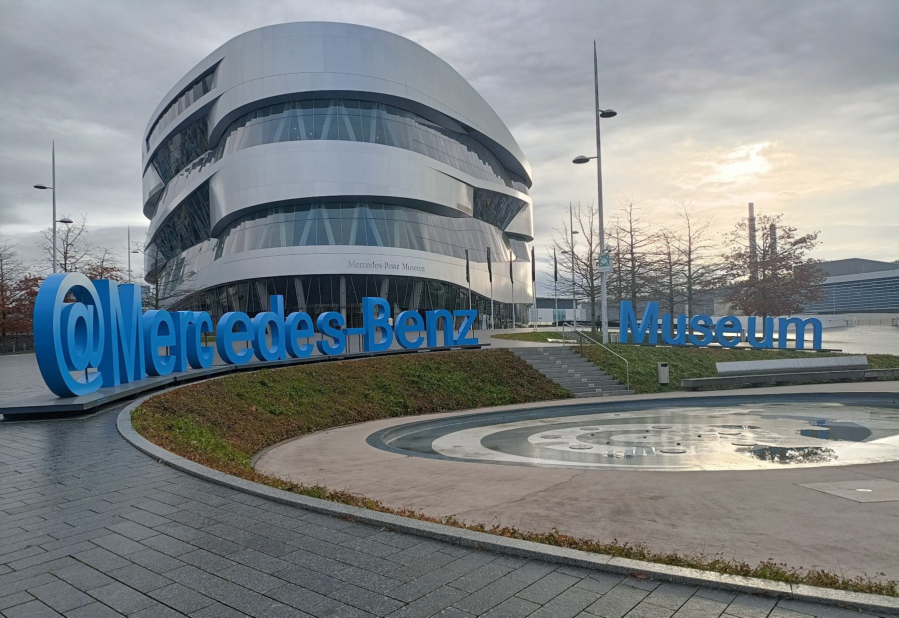 Mercedes-Benz Museum building in Stuttgart with the large blue museum sign